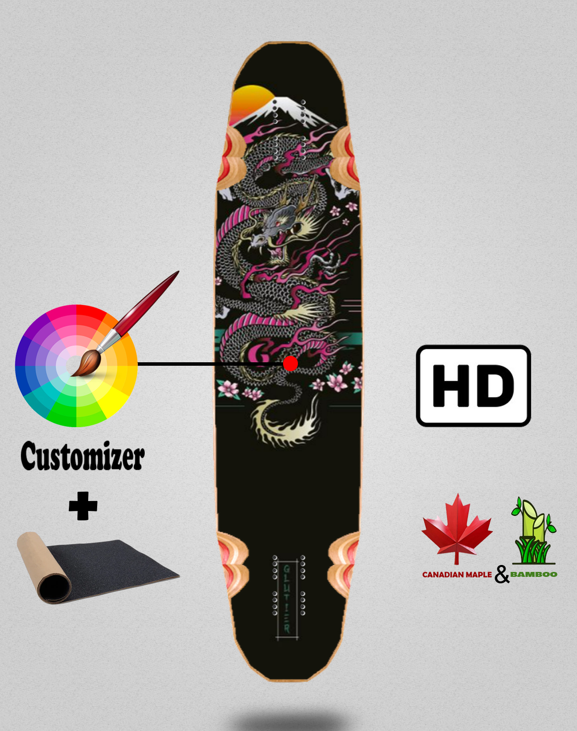 41x9.6¨ Maple+bamboo longoard deck with grip