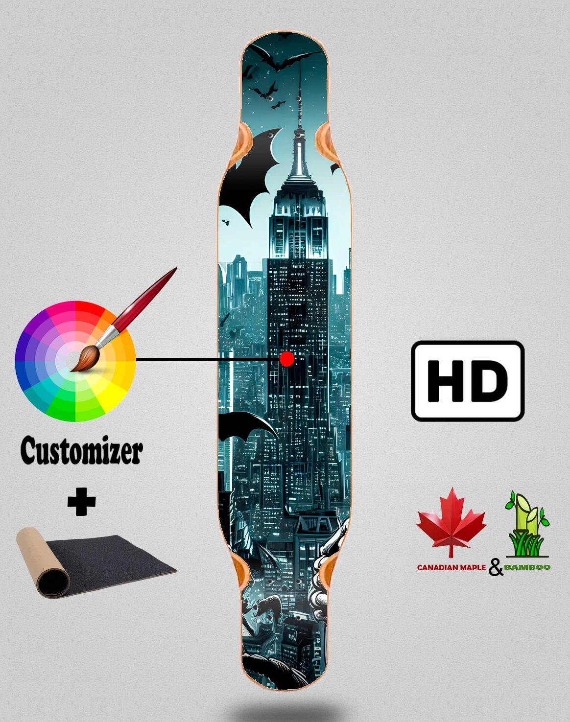 46x9¨ Mix bamboo longboard deck with grip